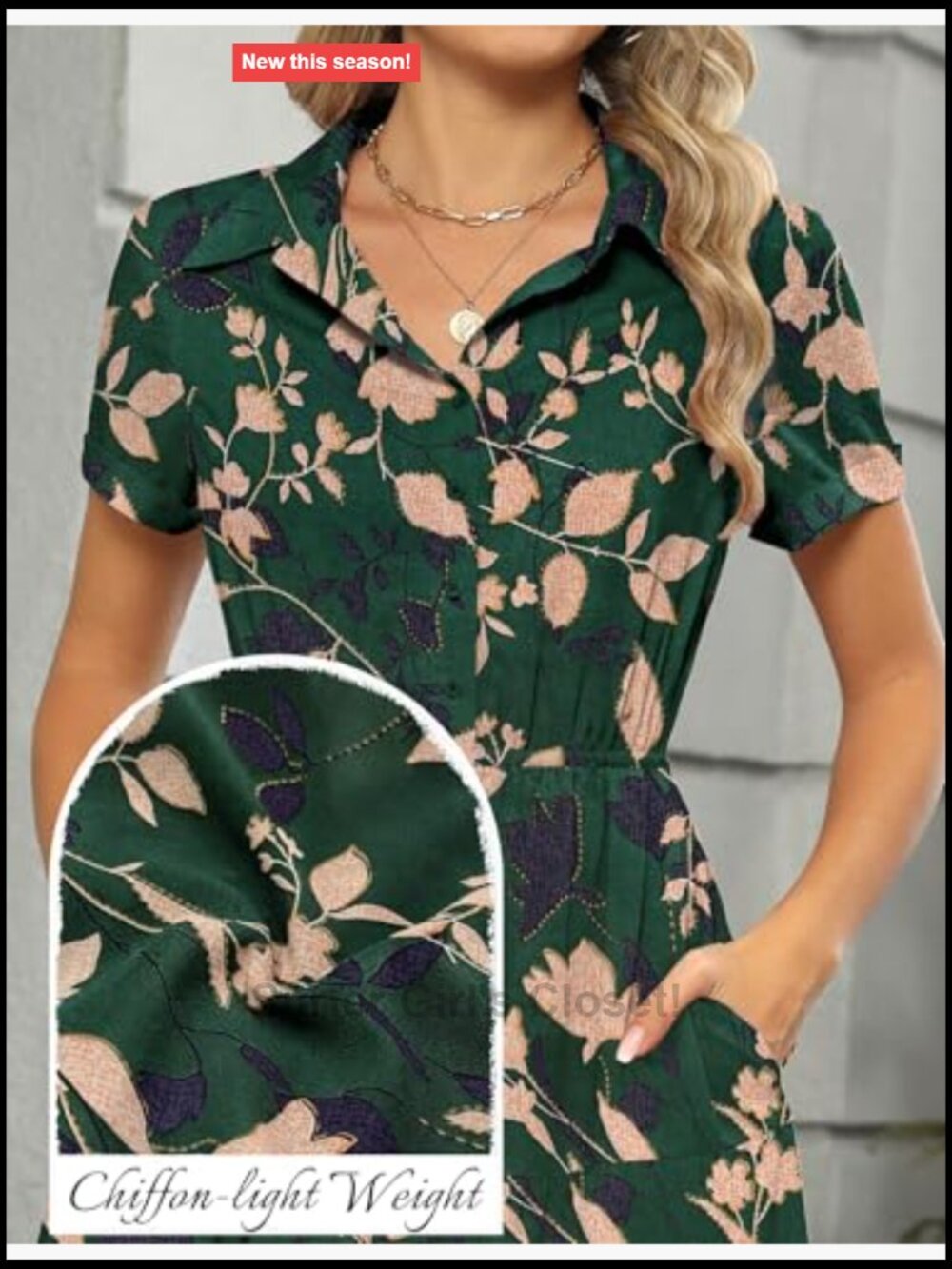 Chiffon Floral Maxi Dress with Pockets Collared V Neck Short Sleeve Button Down - Picture 6 of 7